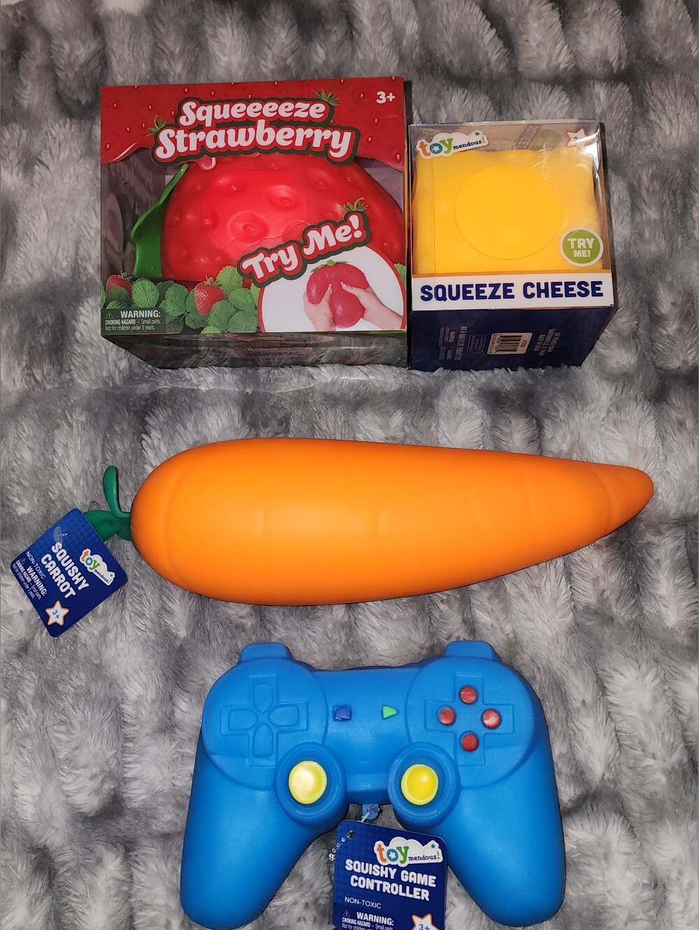 NIB/New Fidget Toy Bundle - Squishy Strawberry, Cheese, Carrot & Game Controller